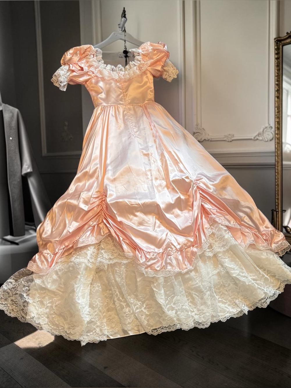 80s Night Moves New York Pink Satin Lace Prom Dress Ruffle Puff Sleeve 5/6